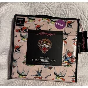 ED HARDY LOVE BIRDS TATTOO PRINT 6 PIECE PINK FULL SHEET SET 100% POLYESTER New